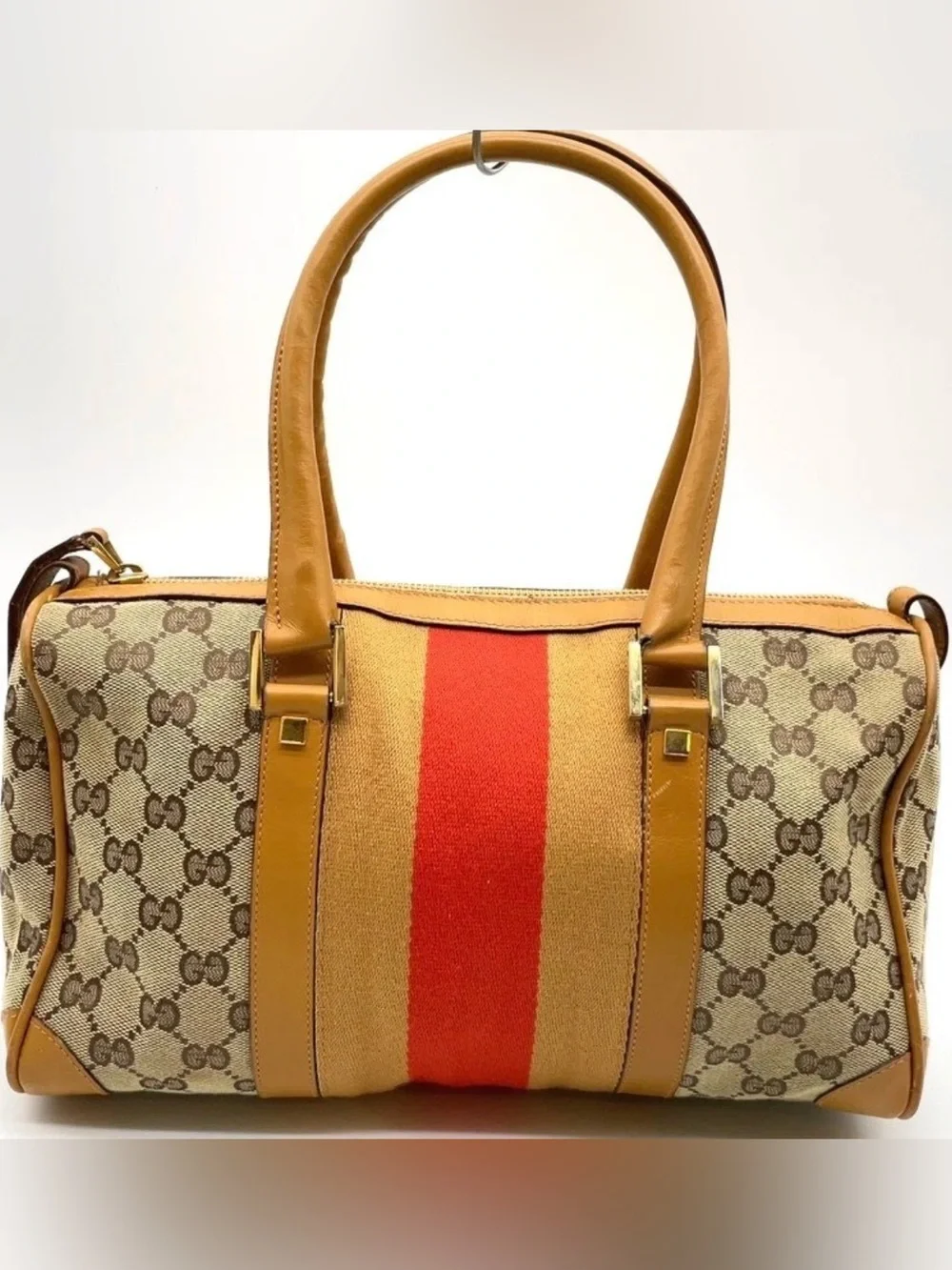 Gucci Brown MINI BOSTON BAG Monogram Satchel Sherry line Stripe perfect size!